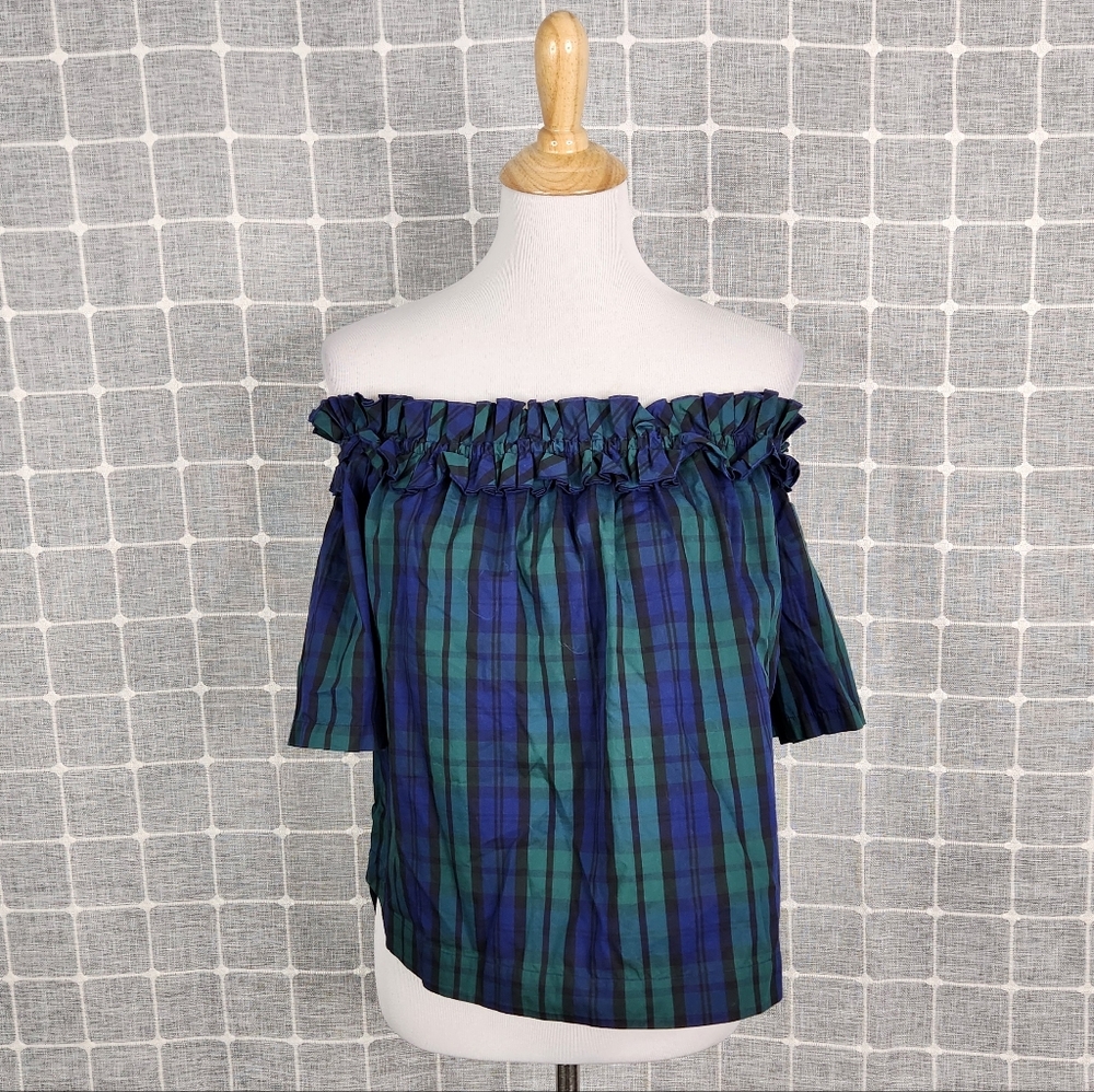 Vineyard Vines Blue and Green Plaid Off-Shoulder Blouses